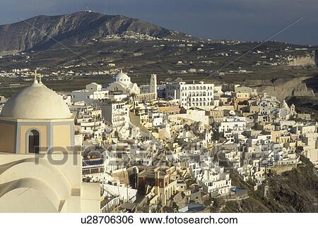 Santorini, Cyclades, Greek Islands, Fira, Greece, Europe, Scenic view of the village of Fira on the steep hillside of Santorini Island on the Aegean Sea. View Large Photo Image Stock Photograph - Santorini, Cyclades, Greek Islands, Fira, Greece, Europe, Scenic view of the village of Fira on the steep hillside of Santorini Island on the Aegean Sea.. Fotosearch