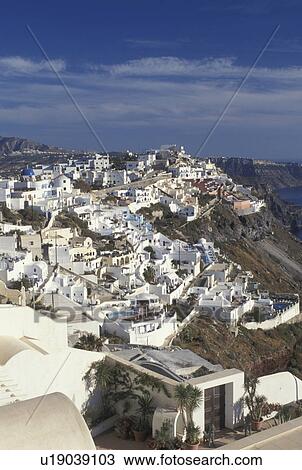 Santorini, Greece, Cyclades, Greek Islands, Firostefani, Europe, Village of Firostefani on the steep hillside of Santorini Island on the Aegean Sea. View Large Photo Image Stock Image - Santorini, Greece, Cyclades, Greek Islands, Firostefani, Europe, Village of Firostefani on the steep hillside of Santorini Island on the Aegean Sea.. Fotosearch