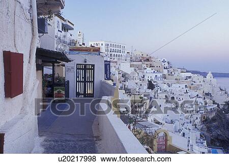 Santorini, Greece, Fira, Greek Islands, Cyclades, Europe, Village of Fira on the steep hillside of Santorini Island on the Aegean Sea. View Large Photo Image Stock Photo - Santorini, Greece, Fira, Greek Islands, Cyclades, Europe, Village of Fira on the steep hillside of Santorini Island on the Aegean Sea.. Fotosearch