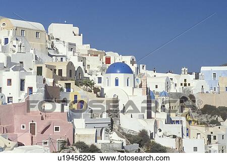 Stock Photography -  Santorini, Greece, Greek Islands, Oia, Cyclades, Europe, Village of Oia on the steep hillside of Santorini Island.. Fotosearch