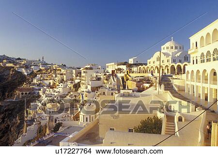 Santorini, Greece, Greek Islands, Fira, Cyclades, Europe, Village of Fira on the steep hillside of Santorini Island on the Aegean Sea. View Large Photo Image Picture - Santorini, Greece, Greek Islands, Fira, Cyclades, Europe, Village of Fira on the steep hillside of Santorini Island on the Aegean Sea.. Fotosearch