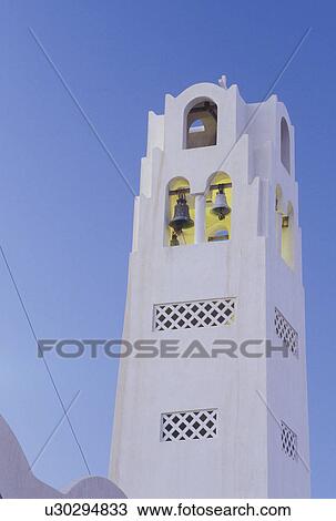 Santorini, Greece, Greek Islands, Fira, Cyclades, Europe, Bell tower on a whitewashed church in the village of Fira on Santorini Island on the Aegean Sea. View Large Photo Image Stock Image - Santorini, Greece, Greek Islands, Fira, Cyclades, Europe, Bell tower on a whitewashed church in the village of Fira on Santorini Island on the Aegean Sea. . Fotosearch