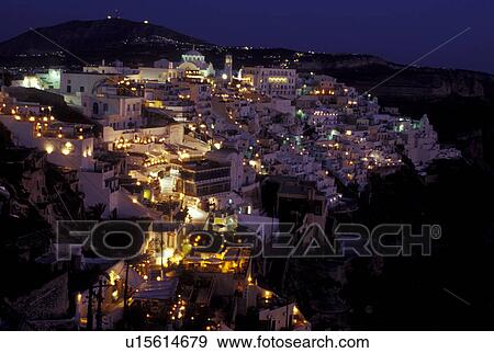 Santorini, Greece, Greek Islands, Fira, Cyclades, Europe, Village of Fira on the steep hillside of Santorini Island in the evening on the Aegean Sea. View Large Photo Image Stock Photo - Santorini, Greece, Greek Islands, Fira, Cyclades, Europe, Village of Fira on the steep hillside of Santorini Island in the evening on the Aegean Sea.. Fotosearch