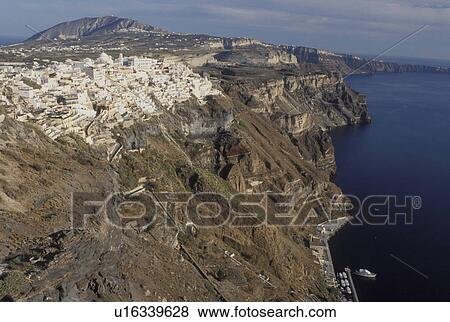 Santorini, Greece, Greek Islands, Fira, Cyclades, Europe, Scenic view of the village of Fira on the steep hillside of Santorini Island on the Aegean Sea. View Large Photo Image Stock Photo - Santorini, Greece, Greek Islands, Fira, Cyclades, Europe, Scenic view of the village of Fira on the steep hillside of Santorini Island on the Aegean Sea.. Fotosearch