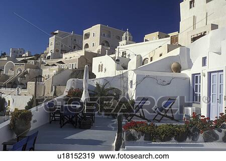 Santorini, Greece, Greek Islands, Firostefani, Cyclades, Europe, Whitewashed buildings in the village of Firostefani on the steep hillside of Santorini Island on the Aegean Sea. View Large Photo Image Stock Photo - Santorini, Greece, Greek Islands, Firostefani, Cyclades, Europe, Whitewashed buildings in the village of Firostefani on the steep hillside of Santorini Island on the Aegean Sea.. Fotosearch