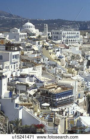 Santorini, Greek Islands, Cyclades, Fira, Greece, Europe, Whitewashed buildings in the village of Fira on the steep hillside of Santorini Island on the Aegean Sea. View Large Photo Image Stock Image - Santorini, Greek Islands, Cyclades, Fira, Greece, Europe, Whitewashed buildings in the village of Fira on the steep hillside of Santorini Island on the Aegean Sea.. Fotosearch