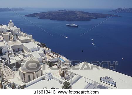 Santorini, Greek Islands, Cyclades, Greece, Fira, Europe, Terraces and resorts in the village of Fira on the steep hillside of Santorini Island overlooking the Aegean Sea. View Large Photo Image Stock Image - Santorini, Greek Islands, Cyclades, Greece, Fira, Europe, Terraces and resorts in the village of Fira on the steep hillside of Santorini Island overlooking the Aegean Sea.. Fotosearch