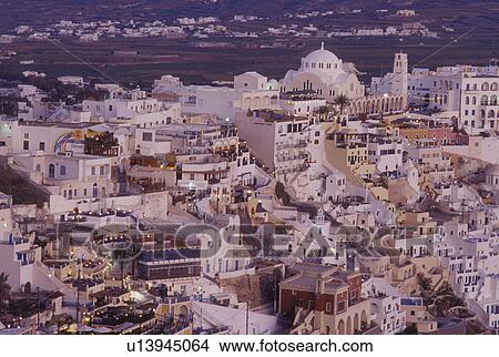 Santorini, Greek Islands, Fira, Cyclades, Greece, Europe, Whitewashed buildings in the village of Fira on the steep hillside of Santorini Island on the Aegean Sea. View Large Photo Image Picture - Santorini, Greek Islands, Fira, Cyclades, Greece, Europe, Whitewashed buildings in the village of Fira on the steep hillside of Santorini Island on the Aegean Sea.. Fotosearch