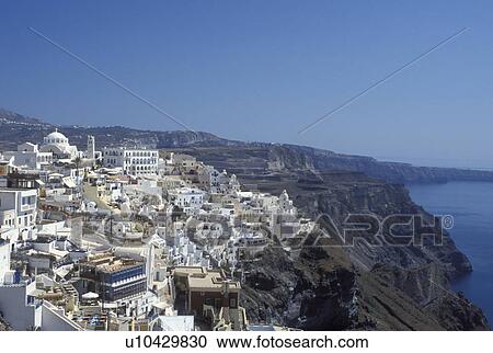 Santorini, Greek Islands, Fira, Cyclades, Greece, Europe, Scenic view of the village of Fira on the steep hillside of Santorini Island on the Aegean Sea. View Large Photo Image Stock Image - Santorini, Greek Islands, Fira, Cyclades, Greece, Europe, Scenic view of the village of Fira on the steep hillside of Santorini Island on the Aegean Sea.. Fotosearch