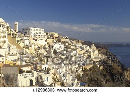 Santorini, Greek Islands, Fira, Cyclades, Greece, Europe, Whitewashed buildings in the village of Fira on the steep hillside of Santorini Island on the Aegean Sea. View Large Photo Image Stock Image - Santorini, Greek Islands, Fira, Cyclades, Greece, Europe, Whitewashed buildings in the village of Fira on the steep hillside of Santorini Island on the Aegean Sea.. Fotosearch