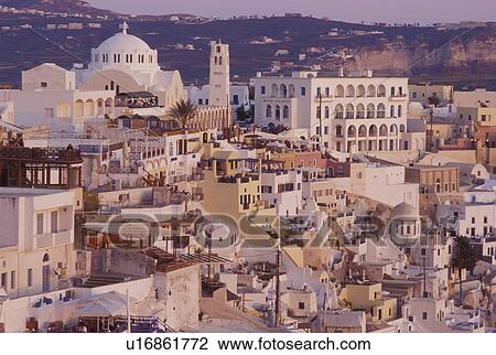 Santorini, Greek Islands, Fira, Cyclades, Greece, Europe, Whitewashed buildings in the village of Fira on the steep hillside of Santorini Island on the Aegean Sea. View Large Photo Image Stock Image - Santorini, Greek Islands, Fira, Cyclades, Greece, Europe, Whitewashed buildings in the village of Fira on the steep hillside of Santorini Island on the Aegean Sea.. Fotosearch