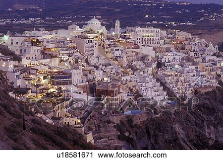Santorini, Greek Islands, Fira, Cyclades, Greece, Europe, Village of Fira on the steep hillside of Santorini Island in the evening on the Aegean Sea. View Large Photo Image Stock Image - Santorini, Greek Islands, Fira, Cyclades, Greece, Europe, Village of Fira on the steep hillside of Santorini Island in the evening on the Aegean Sea.. Fotosearch