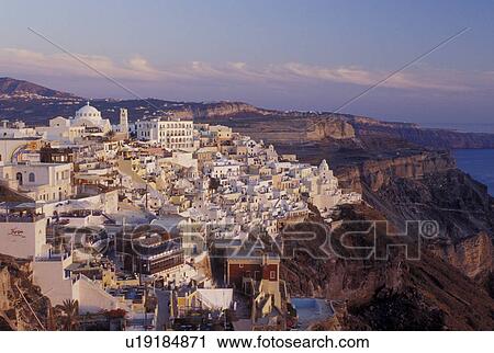 Santorini, Greek Islands, Fira, Cyclades, Greece, Europe, Scenic view of the village of Fira on the steep hillside of Santorini Island on the Aegean Sea. View Large Photo Image Stock Image - Santorini, Greek Islands, Fira, Cyclades, Greece, Europe, Scenic view of the village of Fira on the steep hillside of Santorini Island on the Aegean Sea.. Fotosearch