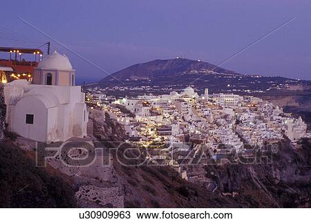 Santorini, Greek Islands, Fira, Cyclades, Greece, Europe, Village of Fira on the steep hillside of Santorini Island in the evening on the Aegean Sea. View Large Photo Image Stock Image - Santorini, Greek Islands, Fira, Cyclades, Greece, Europe, Village of Fira on the steep hillside of Santorini Island in the evening on the Aegean Sea.. Fotosearch