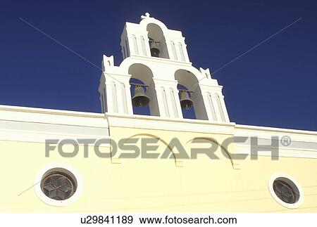 Santorini, Greek Islands, Fira, Cyclades, Greece, Europe, Church bells on a whitewashed church in the village of Fira on Santorini Island on the Aegean Sea. View Large Photo Image Stock Photo - Santorini, Greek Islands, Fira, Cyclades, Greece, Europe, Church bells on a whitewashed church in the village of Fira on Santorini Island on the Aegean Sea. . Fotosearch