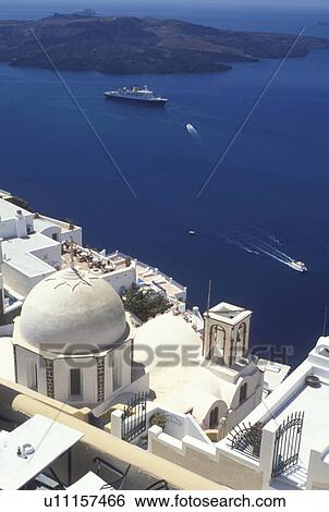 Santorini, Greek Islands, Fira, Cyclades, Greece, Europe, Terraces and resorts in the village of Fira on the steep hillside of Santorini Island overlooking the Aegean Sea. View Large Photo Image Stock Photograph - Santorini, Greek Islands, Fira, Cyclades, Greece, Europe, Terraces and resorts in the village of Fira on the steep hillside of Santorini Island overlooking the Aegean Sea.. Fotosearch