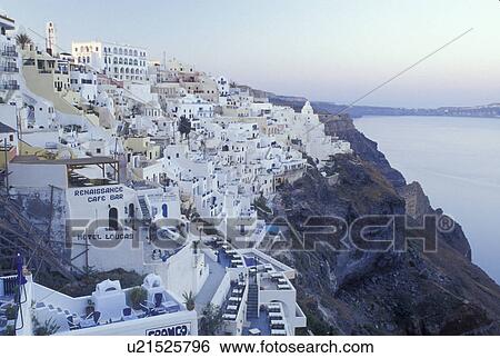 Santorini, Greek Islands, Fira, Cyclades, Greece, Europe, Village of Fira on the steep hillside of Santorini Island overlooking the Aegean Sea. View Large Photo Image Stock Photograph - Santorini, Greek Islands, Fira, Cyclades, Greece, Europe, Village of Fira on the steep hillside of Santorini Island overlooking the Aegean Sea.. Fotosearch