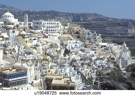 Santorini, Greek Islands, Fira, Cyclades, Greece, Europe, Whitewashed buildings in the village of Fira on the steep hillside of Santorini Island on the Aegean Sea. View Large Photo Image Stock Photography - Santorini, Greek Islands, Fira, Cyclades, Greece, Europe, Whitewashed buildings in the village of Fira on the steep hillside of Santorini Island on the Aegean Sea.. Fotosearch