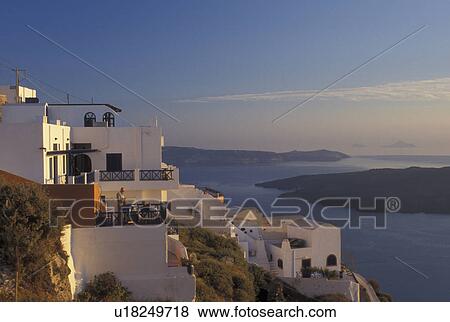 Santorini, Greek Islands, Firostefani, Cyclades, Greece, Europe, Village of Firostefani on the steep hillside of Santorini Island overlooking the Aegean Sea. View Large Photo Image Stock Photo - Santorini, Greek Islands, Firostefani, Cyclades, Greece, Europe, Village of Firostefani on the steep hillside of Santorini Island overlooking the Aegean Sea.. Fotosearch