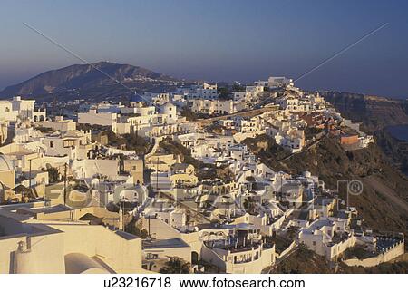 Santorini, Greek Islands, Firostefani, Cyclades, Greece, Europe, Village of Firostefani on the steep hillside of Santorini Island on the Aegean Sea. View Large Photo Image Stock Photo - Santorini, Greek Islands, Firostefani, Cyclades, Greece, Europe, Village of Firostefani on the steep hillside of Santorini Island on the Aegean Sea.. Fotosearch