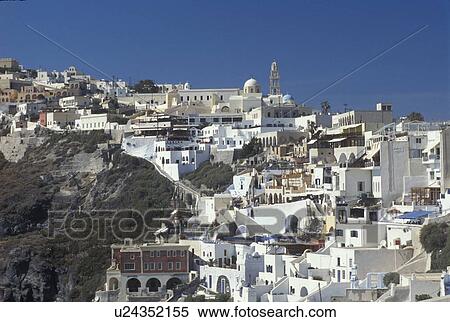 Santorini, Greek Islands, Greece, Fira, Cyclades, Europe, Village of Fira on the steep hillside of Santorini Island on the Aegean Sea. View Large Photo Image Stock Photography - Santorini, Greek Islands, Greece, Fira, Cyclades, Europe, Village of Fira on the steep hillside of Santorini Island on the Aegean Sea.. Fotosearch