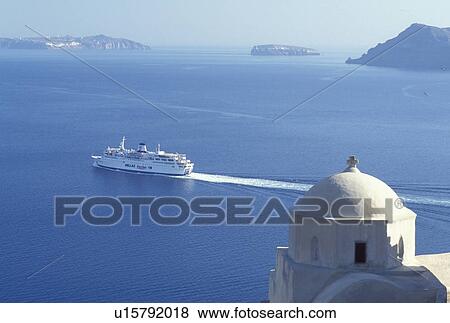 Santorini, Greek Islands, Oia, Cyclades, Greece, Europe, Scenic view of a ferry cruising on the Aegean Sea from a church in the village of Oia on the island of Santorini. View Large Photo Image Stock Photo - Santorini, Greek Islands, Oia, Cyclades, Greece, Europe, Scenic view of a ferry cruising on the Aegean Sea from a church in the village of Oia on the island of Santorini.. Fotosearch