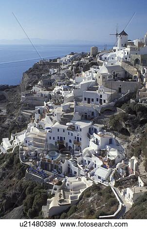 Stock Photo -  Santorini, Greek Islands, Oia, Cyclades, Greece, Europe, Village of Oia on the steep hillside of Santorini Island on the Aegean Sea.. Fotosearch