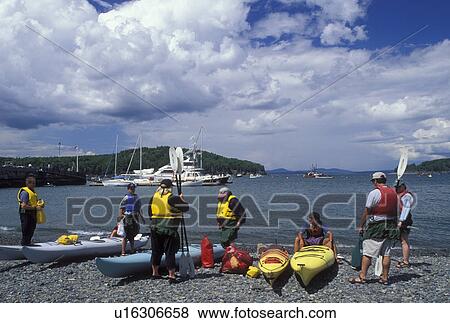 sea kayak, Bar Harbor, ME, Mount Desert Island, Maine, Sea kayaking lesson on the shore of Frenchman Bay in Bar Harbor on the Atlantic Ocean. View Large Photo Image Stock Photo - sea kayak, Bar Harbor, ME, Mount Desert Island, Maine, Sea kayaking lesson on the shore of Frenchman Bay in Bar Harbor on the Atlantic Ocean.. Fotosearch