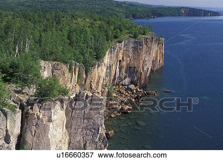 Stock Photo -  Silver Bay, MN, Lake Superior, North Shore Drive, Minnesota, Palisade Head along the north shore of Lake Superior in Silver Bay.. Fotosearch
