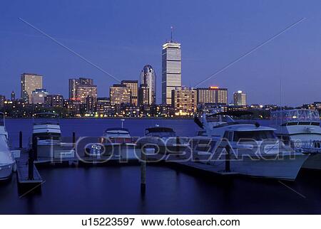 skyline, Boston, MA, Massachusetts, The Prudential Tower and skyline of downtown Boston from a marina on the Charles River in the evening. View Large Photo Image Stock Photo - skyline, Boston, MA, Massachusetts, The Prudential Tower and skyline of downtown Boston from a marina on the Charles River in the evening.. Fotosearch