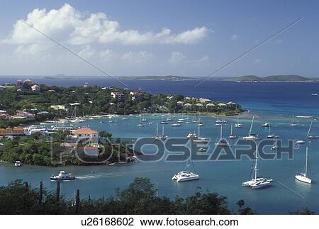 Stock Image -  St. John, U. S. Virgin Islands, Caribbean, USVI, Scenic view of Cruz Bay on Saint John Island.. Fotosearch