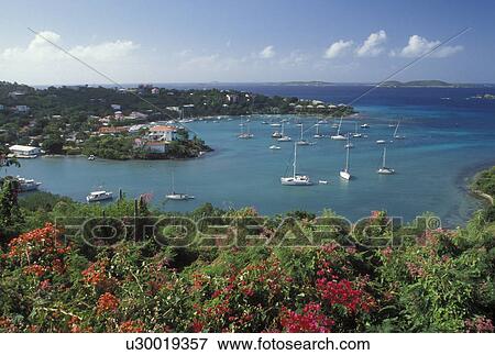 Stock Photo -  St. John, U. S. Virgin Islands, Caribbean, USVI, Scenic view of Cruz Bay on Saint John Island.. Fotosearch