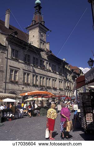 Picture -  street market, Lausanne, Switzerland, Vaud, Market day in Place de la Palud in the city of Lausanne.. Fotosearch