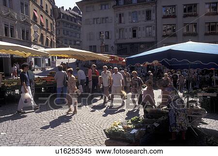 Stock Photography -  street market, Lausanne, Switzerland, Vaud, Market day in Place de la Palud in the city of Lausanne.. Fotosearch