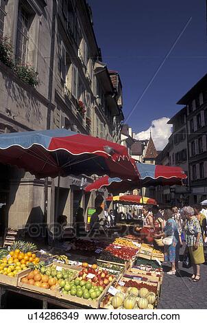 Stock Photo -  street market, Switzerland, Lausanne, Vaud, Market day in Place de la Palud in the city of Lausanne.. Fotosearch