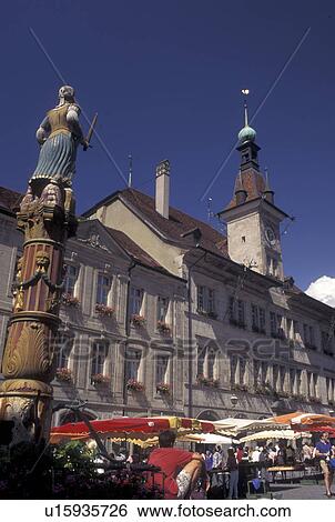 Stock Photograph -  street market, Switzerland, Lausanne, Vaud, Market day in Place de la Palud in the city of Lausanne.. Fotosearch