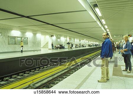 Picture -  subway, Greece, Athens, Europe, People waiting for the train inside the Metro Station.. Fotosearch