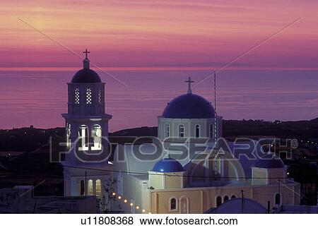 sunrise, church, Santorini, Greek Islands, Fira, Cyclades, Greece, Europe, Sunrise overlooking the Aegean Sea from the village of Fira on Santorini Island. View Large Photo Image Stock Photo - sunrise, church, Santorini, Greek Islands, Fira, Cyclades, Greece, Europe, Sunrise overlooking the Aegean Sea from the village of Fira on Santorini Island.. Fotosearch