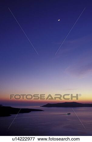 sunset, Greece, Santorini, Greek Islands, Cyclades, Europe, Moonrise at sunset overlooking the Aegean Sea from Santorini Island. View Large Photo Image Stock Photo - sunset, Greece, Santorini, Greek Islands, Cyclades, Europe, Moonrise at sunset overlooking the Aegean Sea from Santorini Island.. Fotosearch