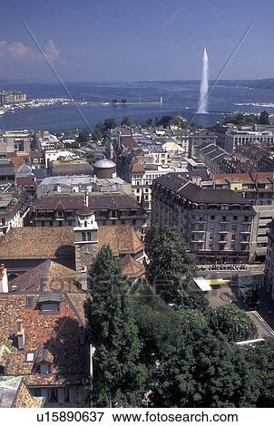 Switzerland, aerial, Geneva, Aerial view of the city of Geneva and Lake Geneva with the Jet d' Eau from St. Peter's cathedral (cathedrale St. Pierre). View Large Photo Image Stock Photo - Switzerland, aerial, Geneva, Aerial view of the city of Geneva and Lake Geneva with the Jet d' Eau from St. Peter's cathedral (cathedrale St. Pierre).. Fotosearch