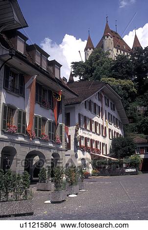 Switzerland, Berne, Bern, Downtown Square in the town of Thun in the Bernese Oberland. View Large Photo Image Picture - Switzerland, Berne, Bern, Downtown Square in the town of Thun in the Bernese Oberland.. Fotosearch