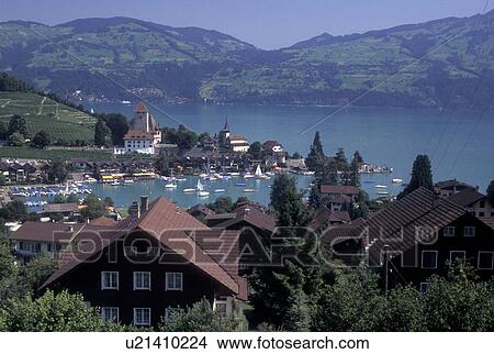 Picture -  Switzerland, Berne, Bern, Thunersee, Scenic view of the town of Spiez along Lake Thun in the Bernese Oberland.. Fotosearch