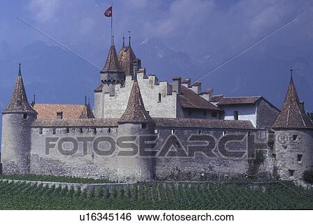 Stock Photograph -  Switzerland, castle, vineyard, Vaud, Aigle, Chateau d' Aigle surrounded by vineyards in the Canton of Vaud. . Fotosearch