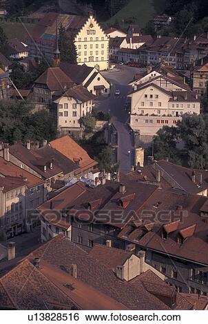 Switzerland, Fribourg, Aerial view of the city of Fribourg View Large Photo Image Stock Photograph - Switzerland, Fribourg, Aerial view of the city of Fribourg . Fotosearch