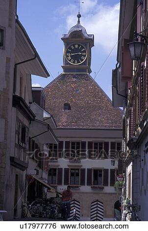 Switzerland, Fribourg, Buildings in downtown Murten/Morat View Large Photo Image Stock Photograph - Switzerland, Fribourg, Buildings in downtown Murten/Morat . Fotosearch