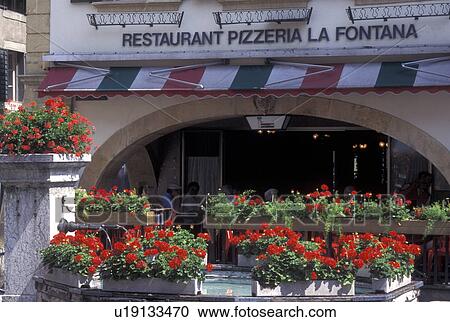 Switzerland, Fribourg, Fountain surrounded by red flowers outside the Pizzeria restaurant in downtown Murten/Morat  View Large Photo Image Stock Image -  Switzerland, Fribourg, Fountain surrounded by red flowers outside the Pizzeria restaurant in downtown Murten/Morat . Fotosearch