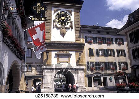 Switzerland, Fribourg, Murten/Morat, The Bern Gate with its clock tower and belfry in the town of Murten/Morat. View Large Photo Image Stock Photo - Switzerland, Fribourg, Murten/Morat, The Bern Gate with its clock tower and belfry in the town of Murten/Morat.. Fotosearch