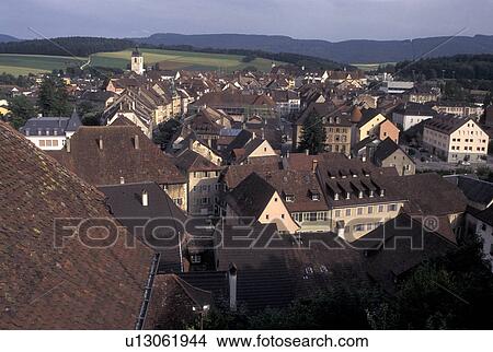 Switzerland, Jura, Scenic view of the village of Porrentruy from the medieval castle View Large Photo Image Picture - Switzerland, Jura, Scenic view of the village of Porrentruy from the medieval castle . Fotosearch