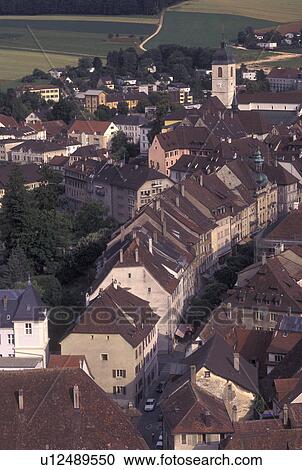 Switzerland, Jura, Scenic view of the village of Porrentruy from the medieval castle View Large Photo Image Stock Image - Switzerland, Jura, Scenic view of the village of Porrentruy from the medieval castle . Fotosearch