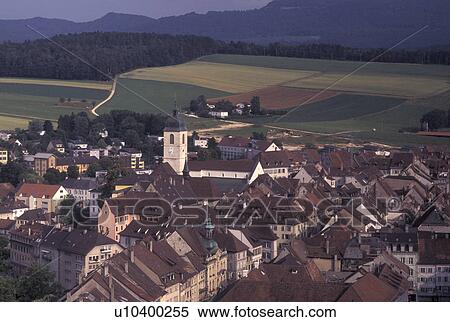 Switzerland, Jura, Scenic view of the village of Porrentruy from the medieval castle View Large Photo Image Stock Photography - Switzerland, Jura, Scenic view of the village of Porrentruy from the medieval castle . Fotosearch